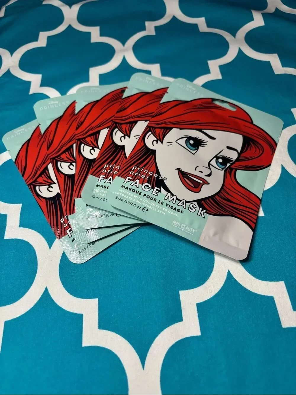 5 New Ariel Princess Face Mask Sheet Pack - Red Hair, Aqua Background